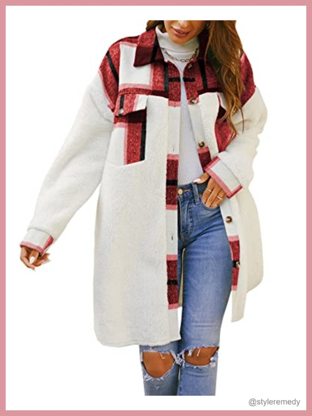 Women's Fuzzy Fleece Plaid Shacket Oversized Knee Length Jacket Coat